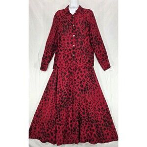 Katherine Kelly Maxi Skirt Set Silk Long Sleeve Blouse Leopard Red Womens 8/10